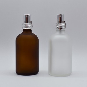 (半透明)(茶色) 100/80/60/30/10ml　日本製  化粧瓶 アルミスプレ付 フロスト加工ガラスボトル クリップ付
