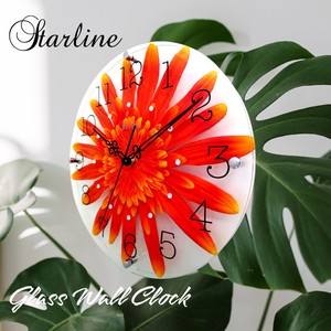 Wall Clock Glasswork Flower Orange Gerbera Made in Japan