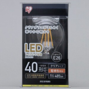 【アイリスオーヤマ　照明　LED電球】　LEDフィラメント電球　クリア　電球色40形相当（485lm）