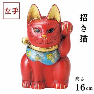 古色三河猫（小）赤 　約16.5cm招き猫