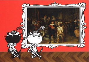 ポストカード アート フィープ・ヴェステンドルプ「ピムとポム&夜警の絵画/レンブラント」