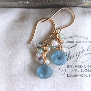 Pierced Earring Gold Post Aquamarine/Coral Earrings