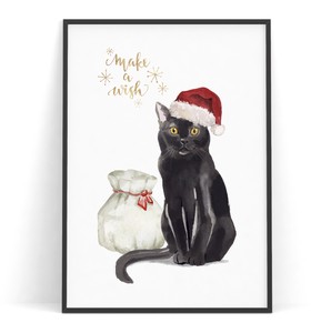 アートポスター【黒猫サンタ】B3　A2　B2　A1　B1　黒猫 サンタクロース　Xmas クリスマス