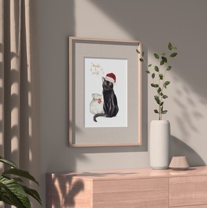 ミニポスター【黒猫 サンタ】 北欧ポスター　猫 サンタクロース　Xmas クリスマス