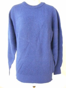 縫い目のない シームレス畦編みクルーセーター 毛100％　ブルー