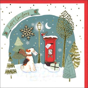 グリーティングカード クリスマス「赤いポストと犬」 動物 メッセージカード