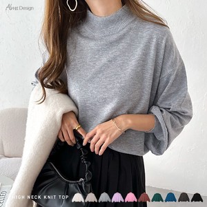 Sweater/Knitwear Plainstitch Knitted Long Sleeves High-Neck Tops Puff Sleeve