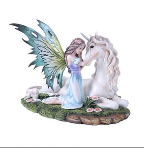 パシフィック製 伝説のユニコーン（一角獣）と草原の花色の妖精 フェアリー 彫像 彫刻（輸入品