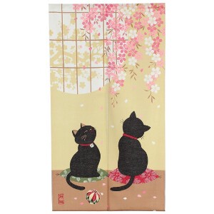 【和風のれん】さくらと招福猫 　桜 ねこ 縁起物 暖簾 和柄　ピンク 85×150cm