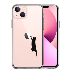 iPhone13mini 側面ソフト 背面ハード ハイブリッド クリア ケース 猫 にゃんこ 玉遊び ブラック
