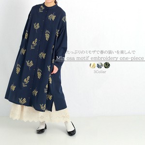 Cotton Linen Mimosa Pattern Embroidery Dress