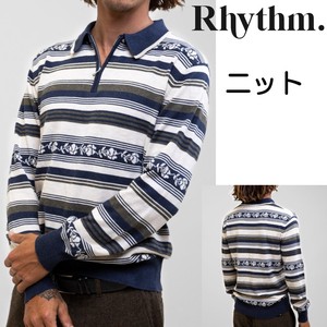 Rhythm. (リズム) ニットポロシャツ Libre Stripe Knit L/S Polo Olive