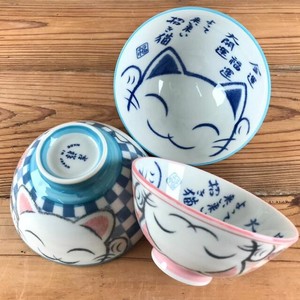 【市松ネコ 深口茶碗 紺・ピンク】日本製/美濃焼/飯碗/陶器/ねこ
