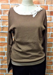 カシミヤ混襟リボン飾り鹿の子編みセーター