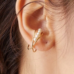 Clip-On Earrings Gold Post Pearl Earrings Asymmetrical Ear Cuff Jewelry Made in Japan