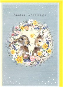 グリーティングカード イースター「2匹のうさぎと花のリース」 メッセージカード イラスト