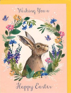 グリーティングカード イースター「花のリースとうさぎ」 メッセージカード イラスト