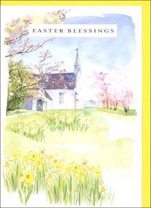 グリーティングカード イースター「花園の教会」 メッセージカード 花 風景 イラスト