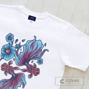 ユニセックス・プリントTシャツ　"花金魚"　ホワイト　半袖 Tシャツ