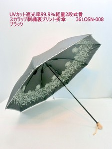 春夏新作）晴雨兼用・折畳傘ー婦人　UVカット遮光率99.9％軽量2段式骨スカラップ刺繍裏プリント折傘