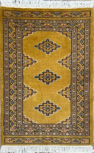 手織り絨毯　玄関マット　ウール100％　約60x90cm　ゴールド　パキスタン製　ラグ　民族柄【38843】