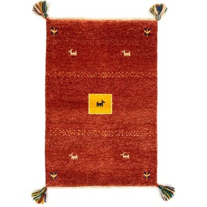 手織り絨毯　玄関マット　約60x90cm　ウール100％　オレンジ　ハンドノット　ラグ　【M016】