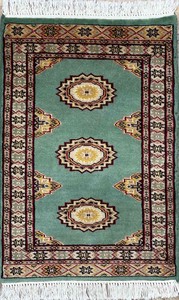 手織り絨毯　玄関マット　約50x80cm　ウール100％　グリーン　パキスタン製　民族柄【50224】