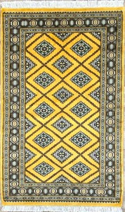 手織り絨毯　ラグ　ウール100％　約100x150cm　イエロー　パキスタン製　マット　民族柄【32229】