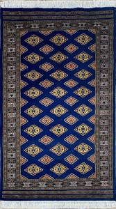 手織り絨毯　ラグ　ウール100％　約90x160cm　ブルー　パキスタン製　マット　民族柄【50425】