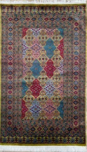 手織り絨毯　ラグ　ウール100％　約100x160cm　グリーン　パキスタン製　マット　民族柄【49784】