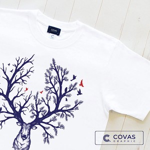 ユニセックス・プリントTシャツ　"鹿の森"　ホワイト　半袖 Tシャツ