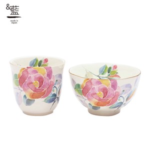 Mino ware Rice Bowl Gift Japanese Style Roses Set Pottery Indigo