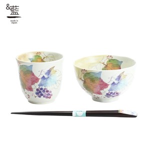 Mino ware Rice Bowl Gift Japanese Style Set Grapes Pottery Indigo