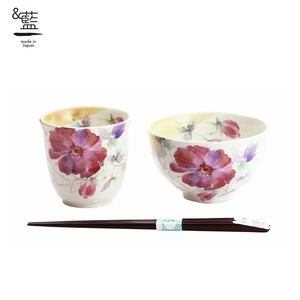 Mino ware Rice Bowl Gift Japanese Style Peony Set Pottery Indigo