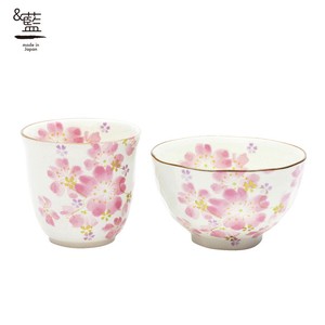 Mino ware Rice Bowl Gift Japanese Style Set Cherry Blossoms Pottery Indigo
