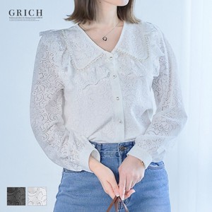 Button Shirt/Blouse Pearl Long Sleeves Lace Blouse Tops