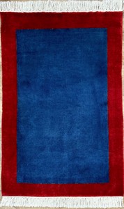 手織り絨毯　ラグ　NZウール　約60x100cm　ブルー/レッド　パキスタン製　マット　モダン柄【45417】