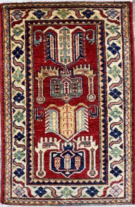 手織り絨毯　玄関マット　約60x90cm　ウール100％　レッド　ハンドノット　ラグ　アフガン製【11863】