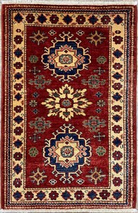 手織り絨毯　ラグ　約70x100cm　ウール100％　ハンドノット　レッド　玄関マット　アフガン製【9374】