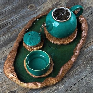 茶盤 中国茶道具 蓮の葉の池に浮かぶ 蓮の実と葉 YMB1362