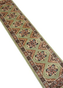 手織り絨毯　約30x130cm　ウール100％　ライトグリーン　パキスタン製　ラグ　ロング　民族柄【37969】