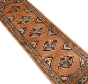 手織り絨毯　約30x90cm　ウール100％　サーモンピンク　パキスタン製　ラグ　ロング　民族柄【37975】