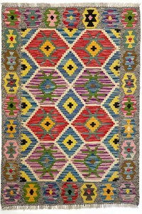 手織り絨毯　キリム　ラグ　約80x100cm　ウール100％　マルチカラー　アフガン製【36365】