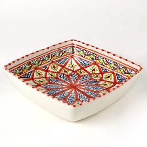 スラマ陶器 手描き四角深皿 18x18 赤