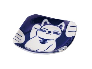 【日本製】藍染縁起 招き猫 角皿1P　箱入り