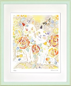 アートパネル 平石 智美 黄色のバラと2匹のねこ(C4318)