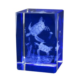 ＜インテリア雑貨＞ガラスオブジェ　3Dクリスタル(M)　ウミガメ　ブルー　No.120-676