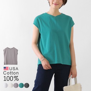 T-shirt Pullover Plain Color T-Shirt V-Neck French Sleeve Cut-and-sew