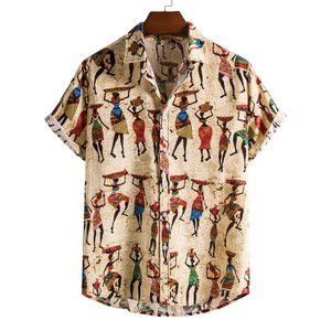 アロハシャツ カジュアルシャツ 総柄 ヴィンテージ 古代壁画風 半袖シャツ 綿 シャツ
