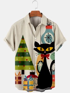 アロハシャツ カジュアルシャツ 総柄 ヴィンテージ 黒猫 ツリー 半袖シャツ ハワイ